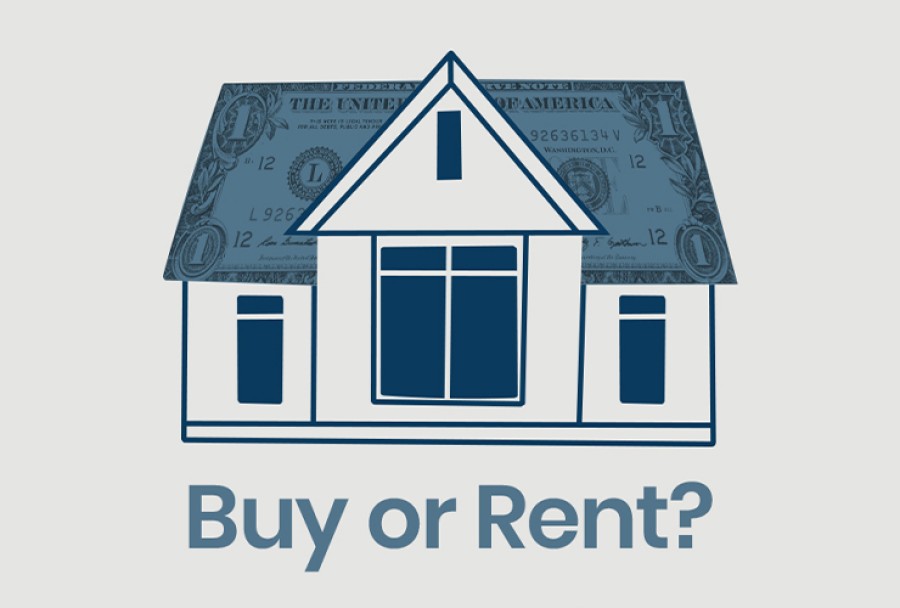 Drawing of a house with text Buy or Rent? 